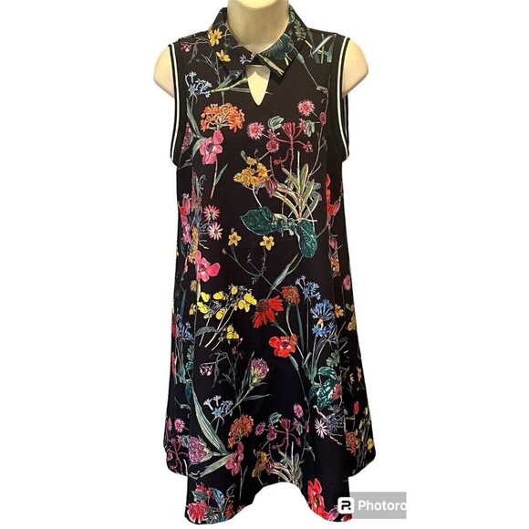 New Gracia Black Floral Print Stretch Sleeveless Polo Tennis Dress - Picture 2 of 8